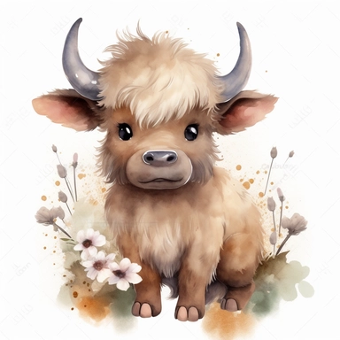 watercolour Happy Baby Buffalo Cartoon Clipart, Cute, no text