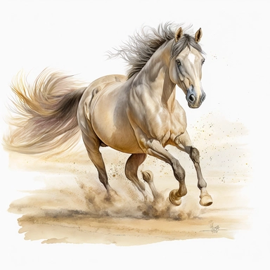 stallion running on beach sand, watercolour, clipart