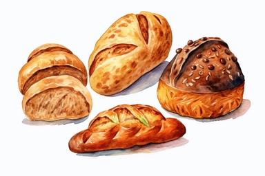 watercolor Sourdough bread clipart, hd, white background, spaced out