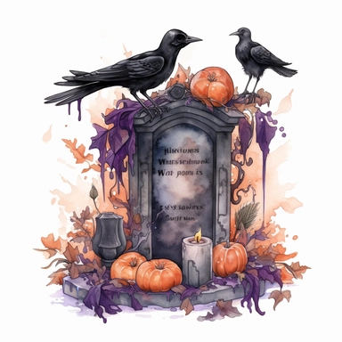 hand drawn grave with headstone, black raven sitting on headstone, dirt, leaves pumpkins and flowers, candles dripping wax down the headstone,Halloween, purple and orange shades,fantasy, glamorous, , clipart style, detailed and realistic, watercolor, white background with margins