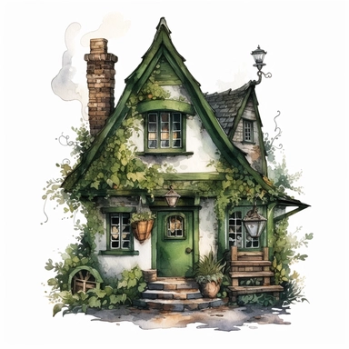 hyperrealistic high detailed dark academia vintage green witches cottage, watercolor clipart, white background