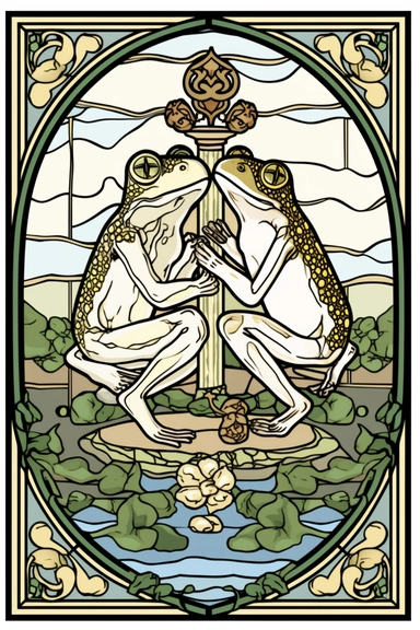 2 frogs as the lovers tarot card design, cottagecore style graphic vector, stained glass art, mural, happy toads, the lovers clipart, white background