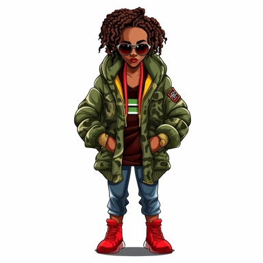 cartoon illustration of a cute black woman, with attitude, leaning with crossed arms, wearing camouflage pants and a green, yellow and red, jacket with red sunglasses, bantu knots hairstyle, clipart, white background