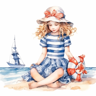 Cute little girl on the beach,dressed in nautical patterns,summer watercolor clipart with white background