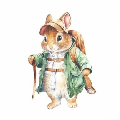 a Cute Happy Baby Chipmunk in clothing in the style of Watercolor Kate Greenaway Clipart, White Background