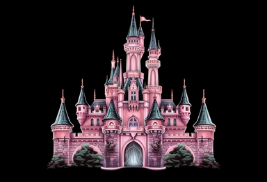for psp game, vector clipart of a castle, like that from disney, in the style of carl kleiner, black background, 32k uhd, light white and pink, embossed paper, tomàs barceló, detailed backgrounds