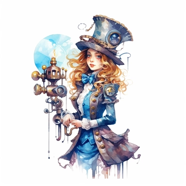 An alice in wonderland character , watercolor steampunk style, white background, clipart