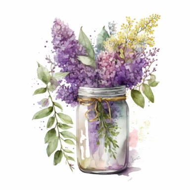 watercolor Yellow lilac Clipart lilac floral bouquet in the jar, white background, no text