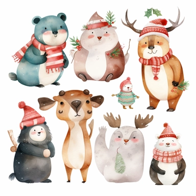 Cute Christmas animals, such as reindeer, penguins, polar bears, and owls, in festive outfits and accessories, watercolor png clipart on a white background