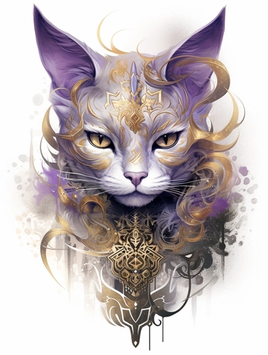 A cat portrait in a gold dress with ornate silver tattoo, in the style of black and lpurple, fractal patterns, mind - bending murals, zbrush, depictions of animals, distinctive noses, clipart png, photorealistic, watercolor, digital painting, WHITE BACKGROUND, fantasy style, realistic, painting, 8k, ultra details,