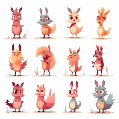 fred the baby llama, llama baby character, 12 poses and multiple expressions, pink fur, light brown skin, likes to chew grass, bipedal, children's book illustrative style clipart, flat colours, high resolution, consistent character, full colours,