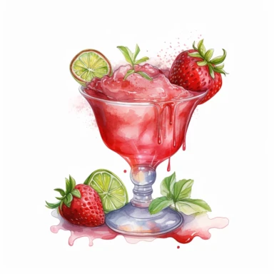hand drawn frozen strawberry margarita , very detailed and realistic, watercolor, white background with margins, clipart style — uplight