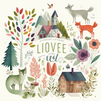 Cozy spring clipart, warm spring clip art. Flowers, seres, fresh leaves rainbow illustration. birds, foxes, reindeer all frolicking amidst the spring foliage, holly and intricate pinecones, of wooden houses, spring-capped mountains, dreamy wintry landscape, berries. type: LIVE, LAUGH, LOVE , antique olive typographic font, flat modern collage type, minimal, Freeform collage, dark background, vector illustration, particles corroded dark red wood, beautiful and dark gray chaos, black frequency, in