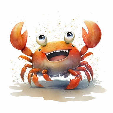 watercolor illustration happy crab, cartoon style, white background, clipart