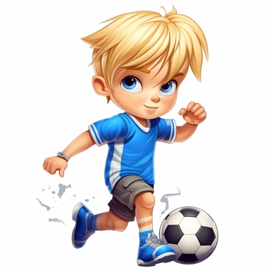 a 7 year old blond boy as a soccer star with long fringe haircut long fringe shaved sides, as a soccer star, full body, long fringe haircut shaved sides, blue eyes, blue eyes, comic style clipart like paw patrol