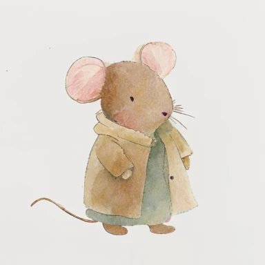 cute cutout of a watercolor illustration of a mouse on a white solid background, in the style of Paddington, nursery art, soft colors, cutout, cut-out, popular on pinterest, simple shapes, outlines, clipart, trending on artstation, minimalist, watercolor illustration clipart, watercolour clipart, watercolor illlustration for kids and children, book illustration, flat design, white solid background