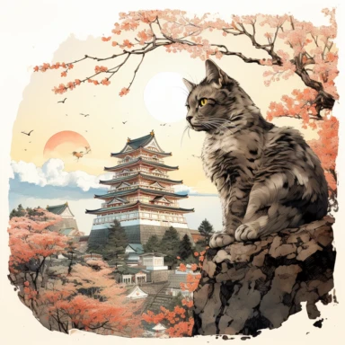 cherry blossoms laden on Osaka Castle Bottom, Siamese Cat wearing a Japanese kimono, sunset. Clipart Watercolor