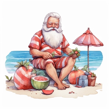 cute Santa Claus Sitting On The Beach eat watermelon, style by Lucy Fleming, watercolor, smooth gradients, black contour outline, ultra detailed, clipart elements, delicate pastel colors, solid white background, super clear, high quality