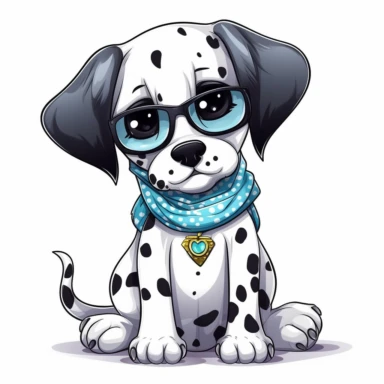 funny kawaii Dalmatian Puppy with Balenciaga sunglasses and cool bandana or necklaces, cute illustration, clipart, white backgound, Cuttable Design,full body