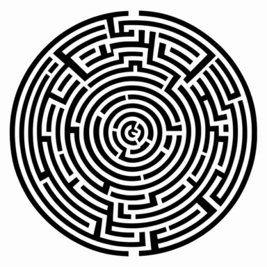 simple black-and-white clipart of a circular labyrinth, simple black-and-white graphic of a circular maze, line art of a circular labyrinth, simple basic labyrinth icon, black on white background,