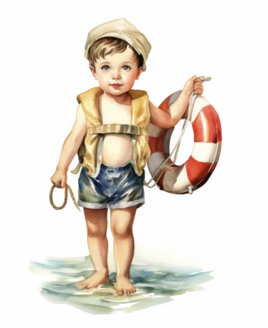 watercolor baby boy vintage lifeguard clipart , detailed character illustrations, graphic vector design, colorful, isolated on white background
