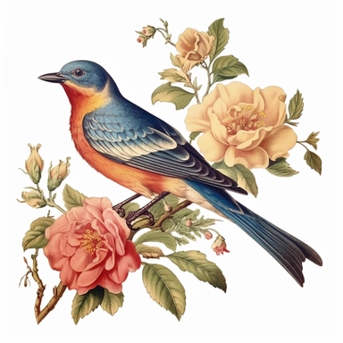 bird, flowers, vintage, retro, watercolor, clipart, white background, by Mark Catesby