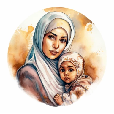 A portrait of a Muslim mother with her hijab carrying her child in her arms in a religious muslim medallion, watercolor clipart, very realistic, high details, high quality