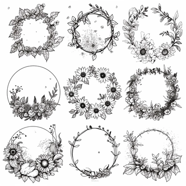 Nine extremely simple and beautiful uncomplicated minimalist design flower garlands clipart in 3 rows, 3 columns, line drawing in a perfect circle, very little detail, mixed drawing so that certain parts of the circle are flowers, straight line, hidden and dotted line, flower details do not enter the circle or enter very little, black focus, high quality, aesthetic style, white background, garlands only,8k