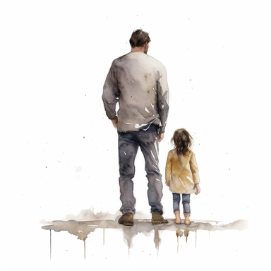 father standing with daughter, facing away from camera, watercolor illustration with plain white background, clipart