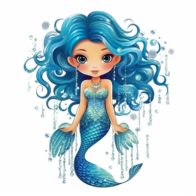 swimming cute mermaid with long tail, blue topaz hair, glitter, blue topaz jewelry, bubbles, clipart on white background