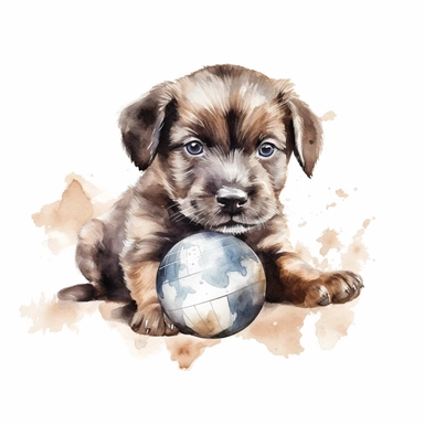 Watercolor puppy playing, with ball that resembles a world globe Clipart - cute puppy , Colour of brindle brown and cream, white background, vector art, high definition, clip art, ar 2:2