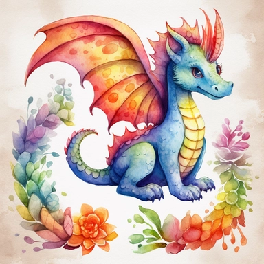 Cute Rainbow Dragon Watercolor Clipart