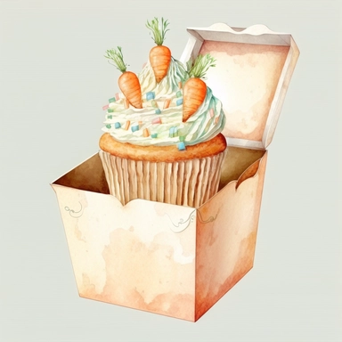 a fancy paper box with indivual carrot cupcakes with icing and baby carrots on the top watercolor clipart isolated detailed