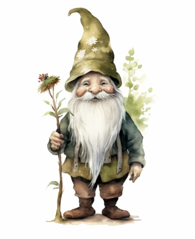 watercolour illustration for clipart, isolated smiling full length woodland gnome, large blue eyes, green and brown clothes, muted earthy tones, botanical, white background, nothing in the background