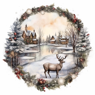 vintage design, advent wreath around, christmas theme Watercolor Cute santa claus wearing Clipart Collection in beautiful winter landscape with a lot of snow and a small lake and a small town with church, moose, advent wreath around, christmas theme, detailed, isolated, white background, one pattern