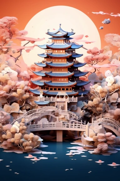 Ancient Chinese architecture landscape scenes, multidimensional paper style, fantastic gradient color, amazing works of art, multidimensional paper craft, soft colors, fisheye images, visual impact, 8 k images, art, dreamy, clipart, vision, bright color, oc rendering, 3 d relief, the figure in the face