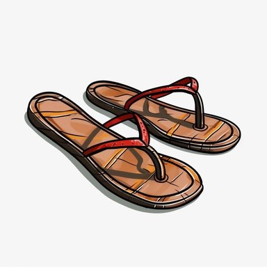 Flip-flops: Simple sandals that are easy to slip on and off, perfect for wearing at the beach or pool. outlines are 10 cm thick, and black, with no shadows on the ground, whimsical illustrations, realistic watercolors, and detailed illustrations. cartoon, clipart PNG, transparent white background