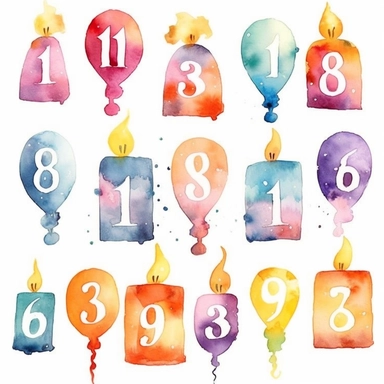 Design a clipart set of watercolor birthday numbers from 0 to 9. Each number should have a charming and artistic appearance, resembling hand-painted watercolor illustrations. The numbers should be scalable and come in a transparent PNG format with a minim