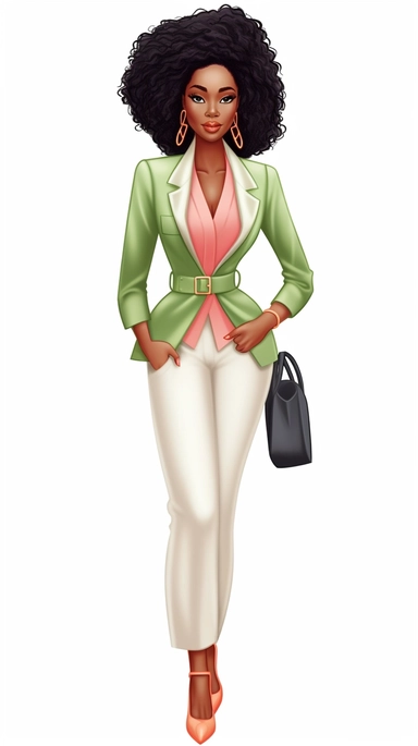 full body stylish African American woman clip art wearing salmon pink shirt and apple green suit and heels, intricate braided hairstyle , white background
