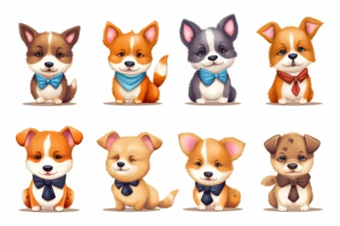 9 sets of a cute baby puppies Munchkin, smile,round face,round head,Wearing a tie,different poses,different breeds, clipart, isolated on white background, spaced out,