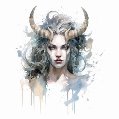capricorn zodiac sign, straight horns, goddess women, realistic watercolor style art, clipart, zodiac sign, epic, mystic, white background, detailed, 8k