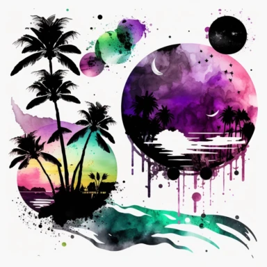 Purple Black Green Mix Watercolor Beach Ocean Retro Sunset Clipart, Colorful and white Background