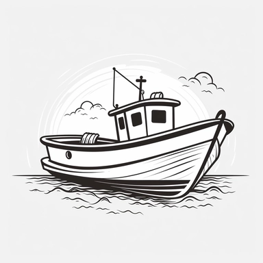 simple clipart of boat, 1,5px thick black lines, white neutral background, clean line art, simple