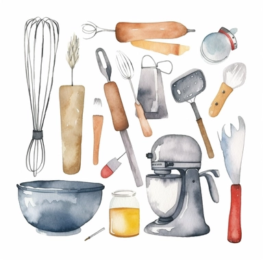 basic watercolor baking tools in minimal hand drawn style, Etsy, textured, clipart, white background