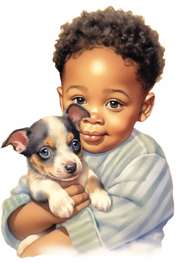 a cute retro vintage African infant baby boy with a puppy. Color pencil sketch, soft baby colors, on a white background for clipart.