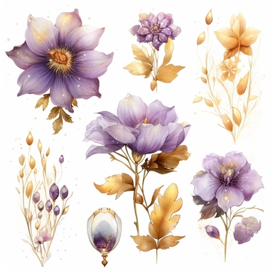 large gold and glass flowers with floral decorations, in the style of nature-inspired installations, delicate ink washes, Purple and golden, detailed miniatures, mosaics, organic texture, nature-inspired imagery, clipart set, white background