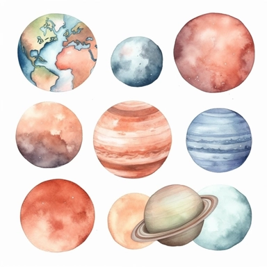 watercolor illustration clipart, cartoon, different planets like earth mars moon saturn, white background, Soft pastel colors