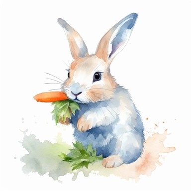 this is a clipart illustration with a bunny holding carrots, in the style of emotionally-charged brushstrokes, animated gifs, eiichiro oda, white and blue, lively action poses, soft and dreamy pastels, jan urschel,pure white background