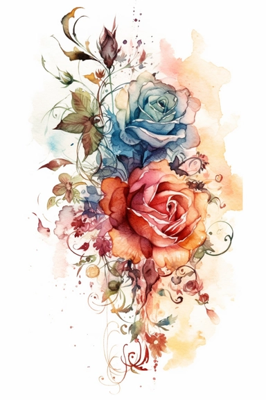 asymetrical, page boarder, clipart, front view, ornate, whimsical nursery illustration of a magical mystical roses in soft watercolor, isolated on a solid white background