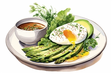 a delightful watercolor, hyper-realistic clipart image with a white background and white margins, showcasing a plate of chopped avocado, poached egg, boiled asparagus, microgreens and sprinkled with sesame seeds. Next to it is a cup of green tea with a slice of lemon.The ultra-detailed, hand-drawn elements